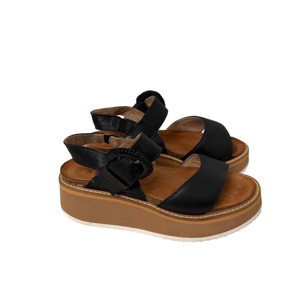 Naot Crepe Platform Sandals Womens Size 5 Black Leather Buckle Cork Insole